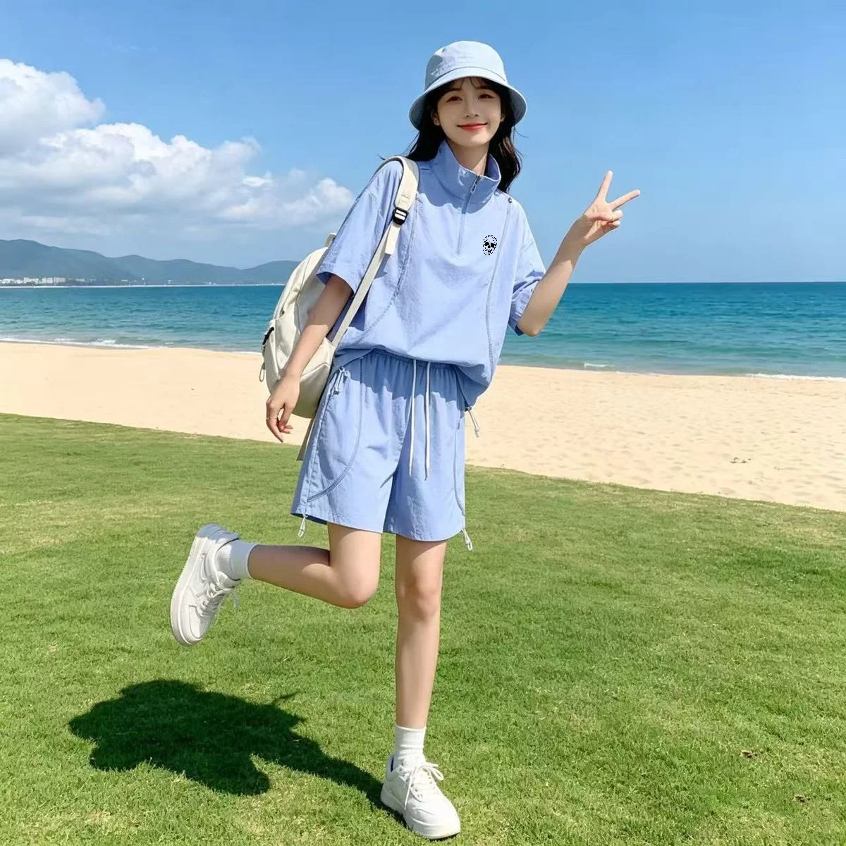 Golf Equipment Brands - 夏用男女兼用日焼け止めゴルフウェア カップル向けトップス＆ショーツセット アイスシルク クールカジュアル ルーズ スタンドカラー