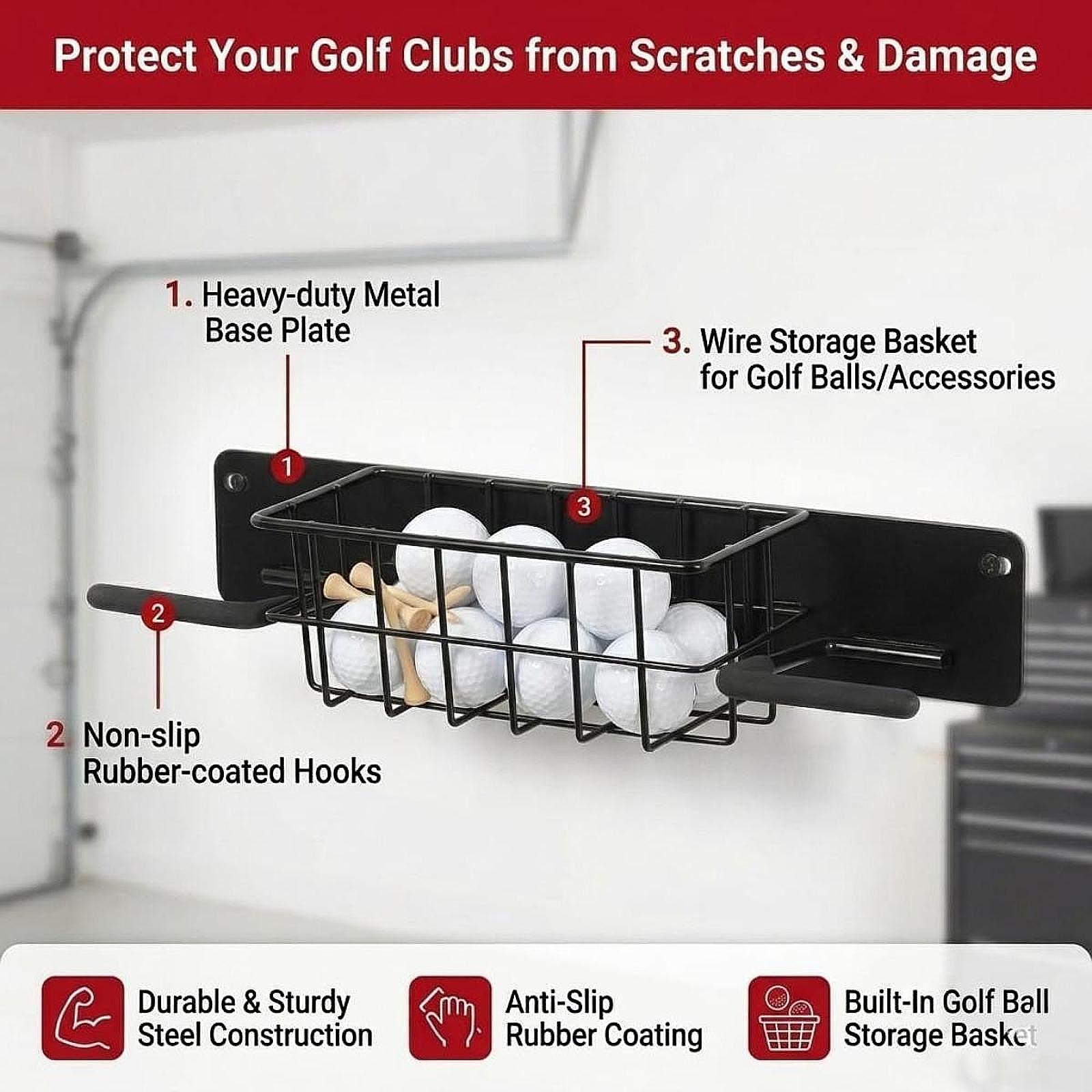 Golf Equipment Garage Organizer - 省スペースゴルフ用品壁掛けラック、金属製バッグホルダー、収納バスケット付き、頑丈なオーガナイザー、ガレージ、自宅、クラブエリア用