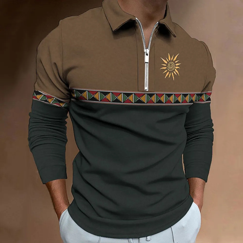 Golf Equipment Brands - メンズカラーブロッキングプリントポロシャツ、ラペルゴルフウェア、長袖トップス、カジュアルジッパー服、レトロなファッション、スポーツ