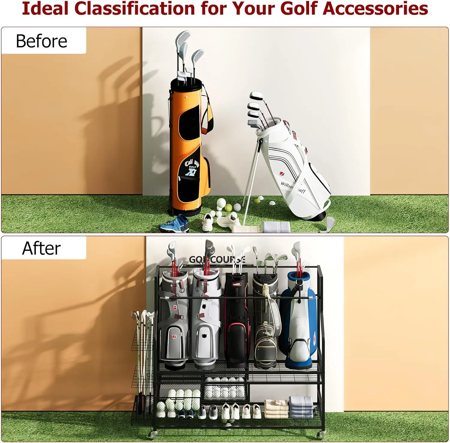 多機能ローリングゴルフバッグ収納棚（車輪付き）金属製スポーツ - Golf Equipment Garage Organizer のレビューと価格