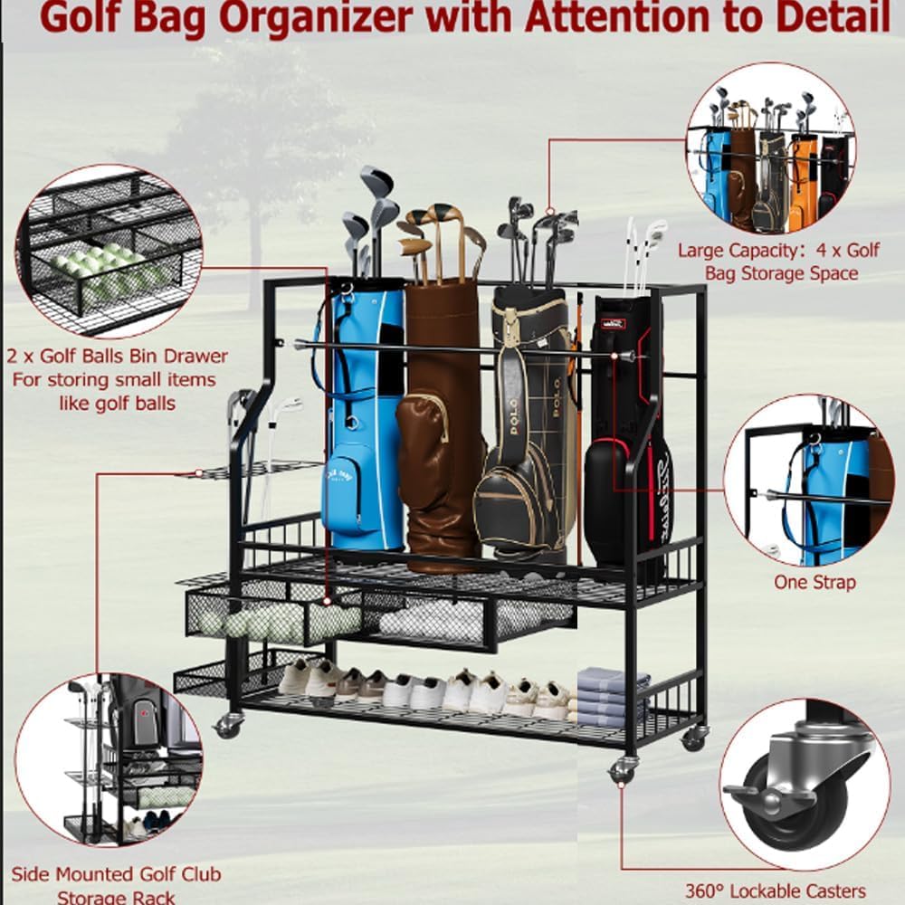 ゴルフバッグ収納ガレージオーガナイザーラック（引き出し付き） - Golf Equipment Garage Organizer のレビューと価格