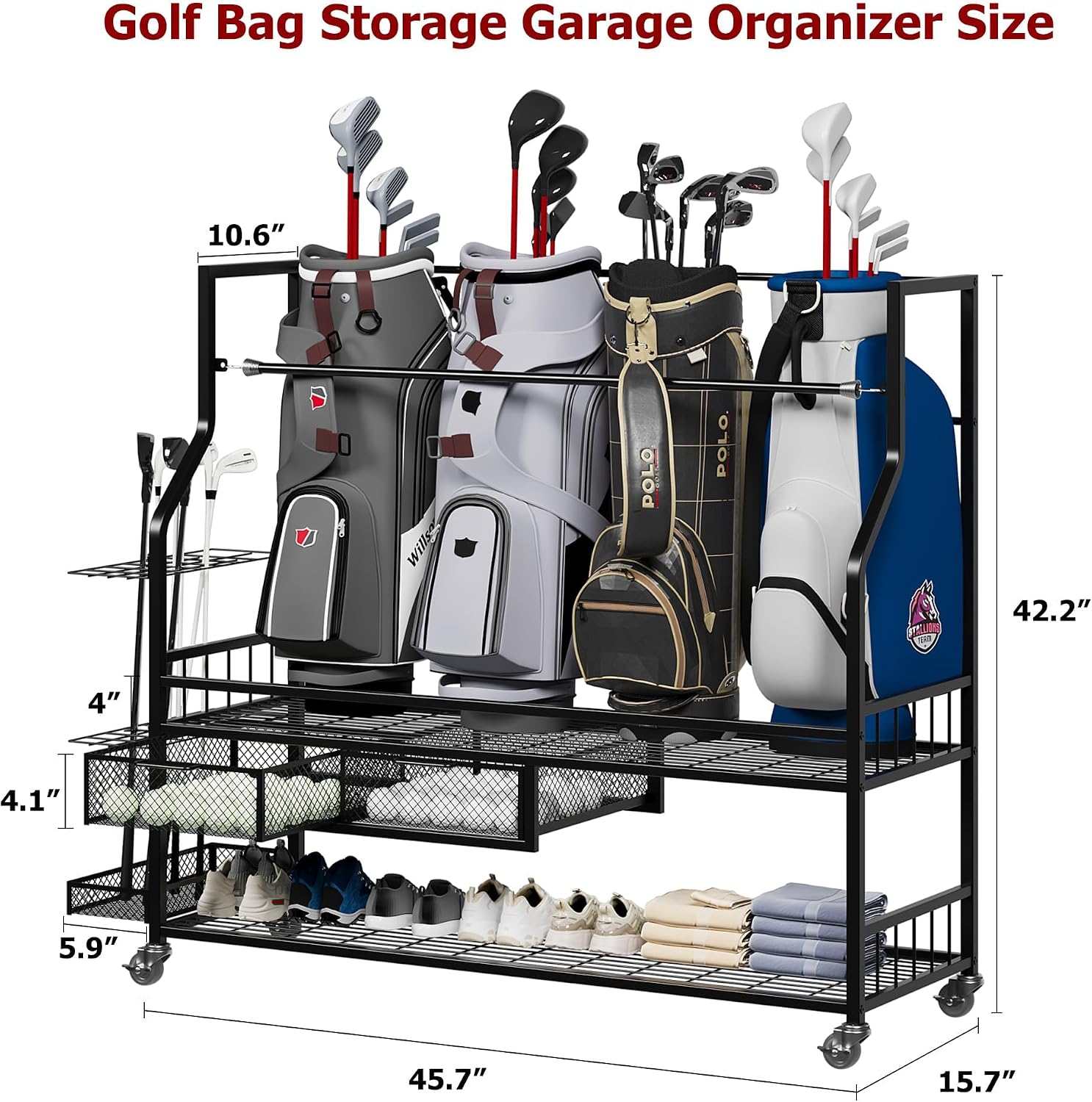 ゴルフバッグ収納ガレージオーガナイザーラック（引き出し付き） - Golf Equipment Garage Organizer のレビューと価格